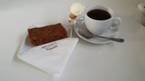 Coffee and flapjack at Archer's Jersey Ice Cream Parlour
