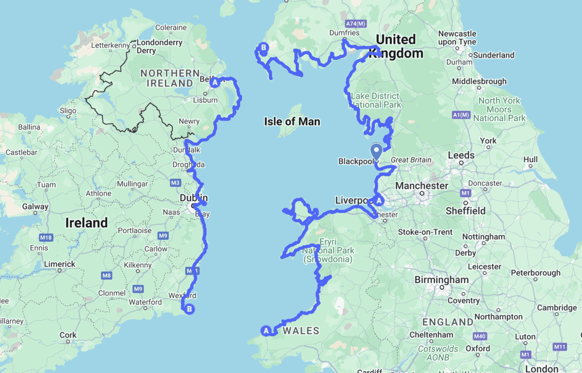 A map showing the Irish Sea in the centre and a route line from south west Wales around the coast of Wales, England and Scotland all the way to Stranraer. On the Irish side, there's a route line from Belfast around the coast to Roslare in southeast Ireland. A location marker highlights Blackpool on the northwest coast of England.